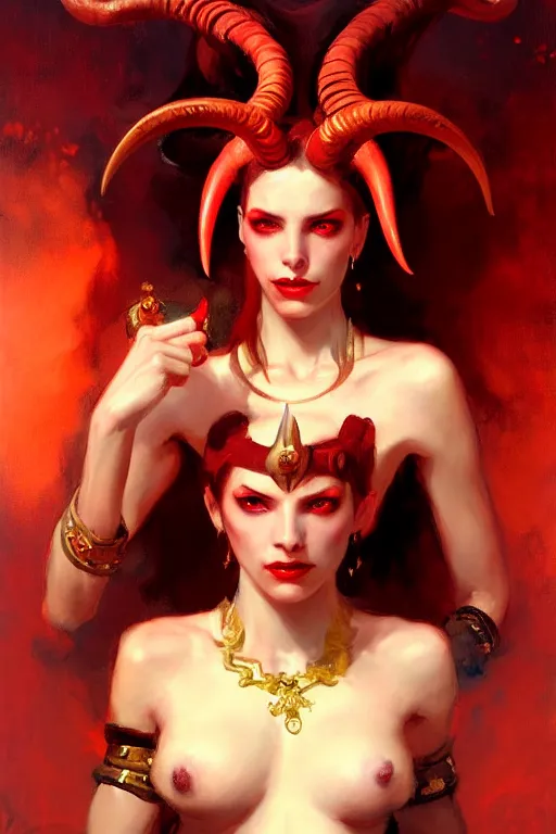 Prompt: painted close - up portrait of a attractive red - skinned intimidating demon girl with ram horns! oil painting, wearing a noblewoman's outfit, fantasy art by greg rutkowski and john singer sargent and gaston bussiere, demon noble character design, hd