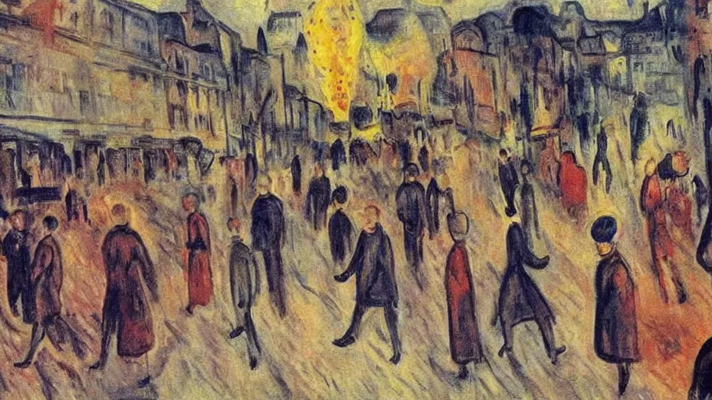 Image similar to a town being bombed on market sunday, tragic painting by edvard munch