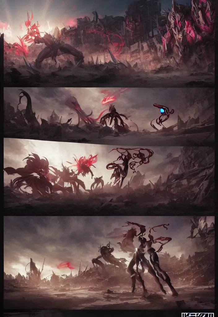 Image similar to Comic panel layout, battle between gigantic alien demon and a beautiful warrior woman, in post apocalyptic downtown Tokyo, by Krenz Cushart and Pan_Ren_Wei and Hongkun_st and Bo Chen and Steve Zheng and WLOP and Alex Chow and askziye, and Bukurote, and Ryota-H, Marvel comic style, amazing light and shadows, dapped light, dark fantasy, high detail, hyper realistic, trending on artstation