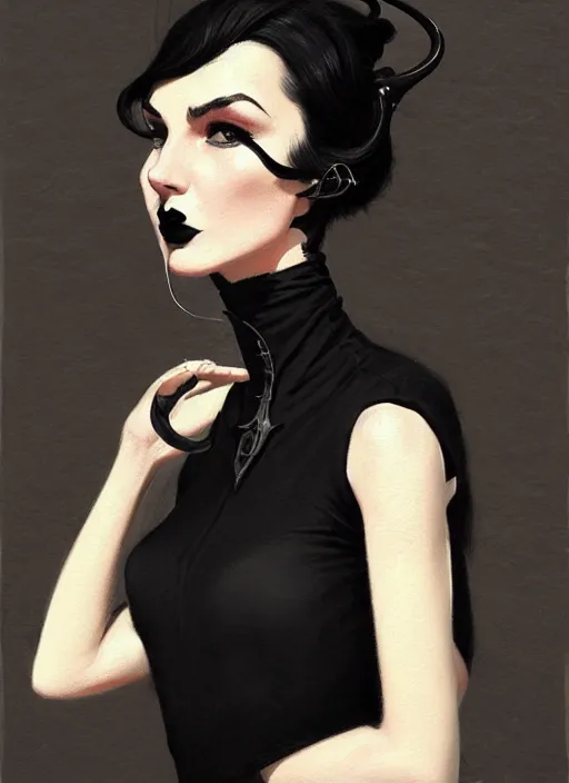 Prompt: portrait of a woman with a hook nose and a confident expression, 1 9 6 0 s, black clothes, goth, punk, funk, intricate, elegant, highly detailed, digital painting, artstation, concept art, smooth, sharp focus, illustration, art by wlop, mars ravelo and greg rutkowski