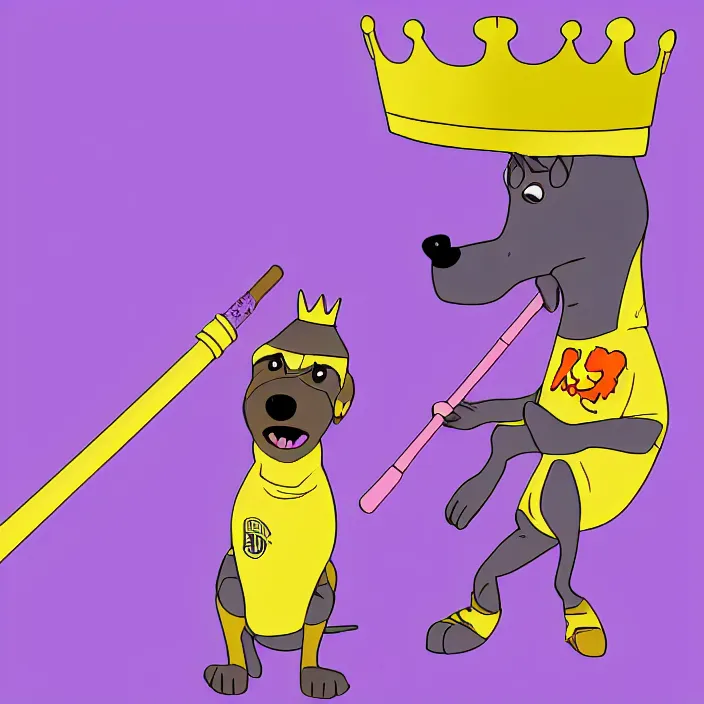 Prompt: a digital drawing of an anthropomorphic dog wearing a purple hoodie and a crown, smashing a golden trophy with a baseball bat. in the style of bojack horseman.