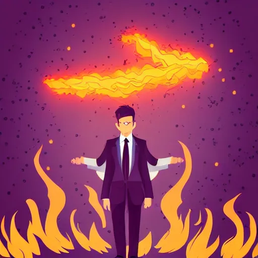 Prompt: a man in a suit and tie standing in front of flames, vector art by omineadrian thechamba, behance contest winner, funk art, hellish background, 2 d, anime aesthetic