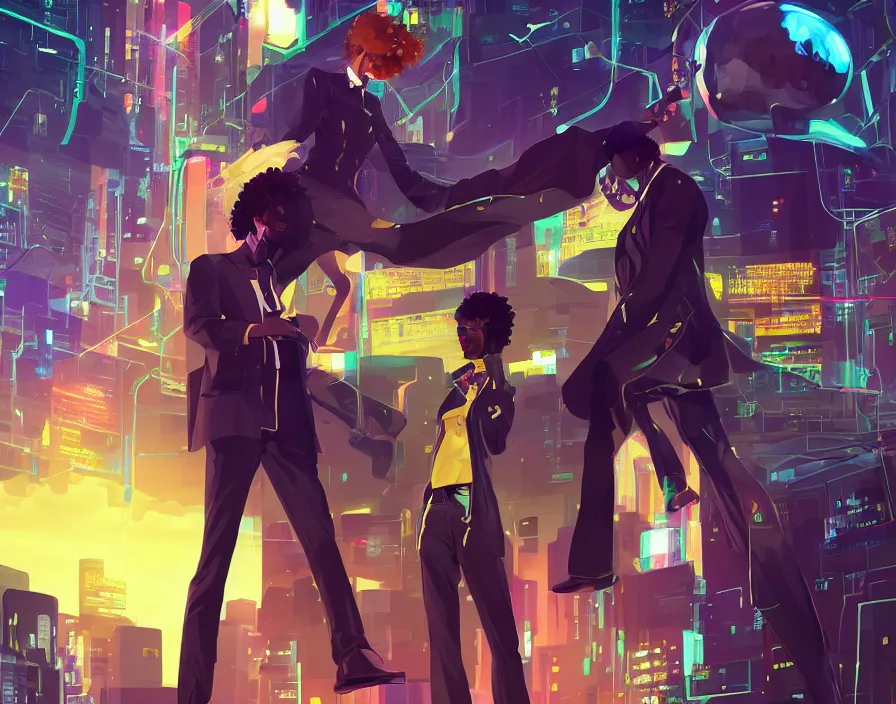 Image similar to afro - afrofuturism - futuristic philanthropists, business attire and money, cryto currency, hacking the financial multiverse | hyperrealistic digital art | by makoto shinkai, ilya kuvshinov, lois van baarle, rossdraws | afrofuturism, in the style of black is beltza, trending on artstation | dark color scheme