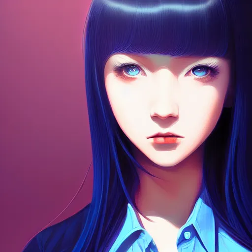 Image similar to urban high school girl in shirt fanart, dark blue long hair, muted colors, matte print, pastel colors, ornate, digital art, digital painting, fan art, elegant, artstation, by Ilya Kuvshinov