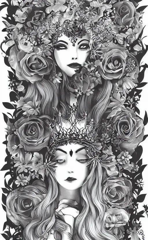 Image similar to tranquil oblivion, floral queen, Gothic flowers, artwork by artgem