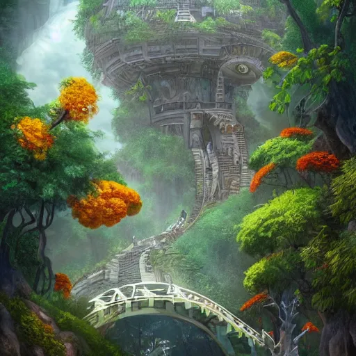 Image similar to a beautiful nature civilization, fancy, flowers, bridges, nature city, people, tree houses, trending on artstation, behance, deviantart