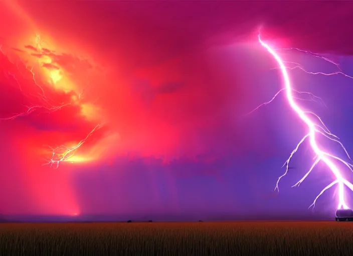 Image similar to lightning strikes a house in a field, epic red - orange aurora, perfect lightning, illustration by niko delort, 4 k, ultra realistic