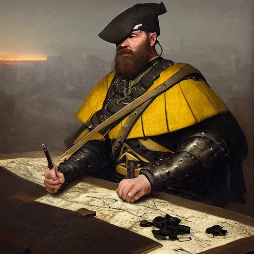 Prompt: Portrait of frustrated and acerbic male medieval sergeant with a short beard wearing a {black and yellow tabard} over a steel breastplate and a black gambeson looking at a war map on a table, by Greg Rutkowski, {perfect face}, {perfect eyes}, fantasy