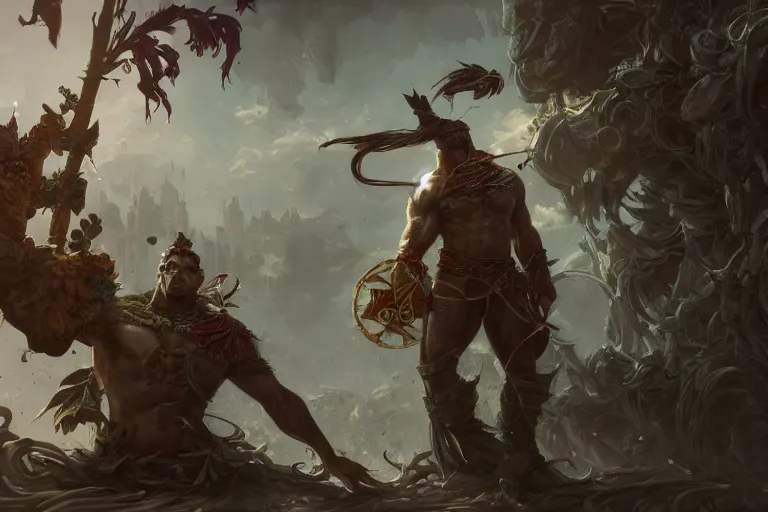 Image similar to a muscular tunisian man wearing plants fighting a cat wearing a crown and cape wielding a scepter, fantasy, digital painting, volumetric light, intricate, sharp, focus, bloom, illustration, highly detailed, concept art, matte, ruan jia, randy vargas, greg rutkowski