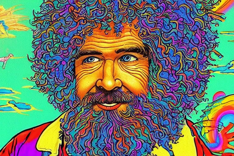 Image similar to bird's eye view of a god transubstantiating into a human being, highly detailed, realistic, as drawn by bob ross and lisa frank