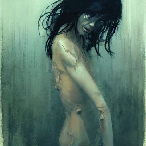 Image similar to alita crying and decaying into dust realistic illustration, intricate, elegant, highly detailed, greg manchess, mucha, liepke, ruan jia, jeffrey catherine jones, ridley scott