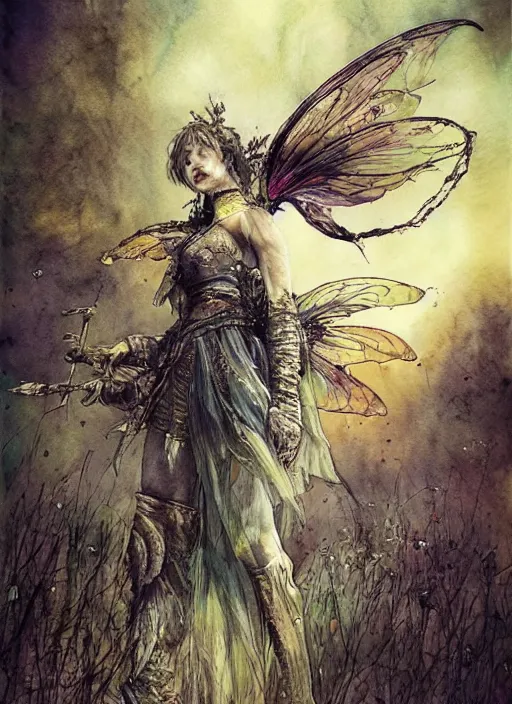 Image similar to beautiful, limping fairy, walks across the battlefield toward an oasis, barb wire, explosions, torn wing, watercolor, pen and ink, intricate line drawings, by Yoshitaka Amano, Ruan Jia, Kentaro Miura, Artgerm,