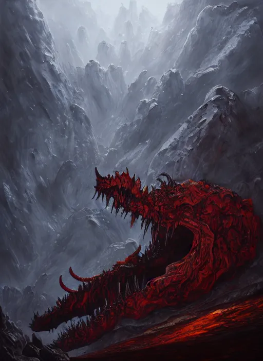 Image similar to a monster in the mountains of hell, oil painting by tomasz jedruszek, cinematic lighting, pen and ink, intricate line, hd, 4 k, million of likes, trending on artstation