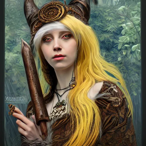 Image similar to a photograpic portrait of a anthropomorphic norse mythology mimosa, wearing furry clothes in the style of heilung an experimental folk music band, fantasy, intricate, elegant, highly detailed, digital painting, artstation, concept art, smooth, sharp focus, illustration, art by artgerm and H R Giger and alphonse mucha