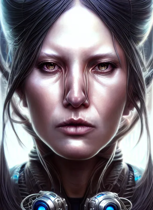 Image similar to closeup portrait shot of a cyberpunk female in a scenic dystopian environment, intricate, elegant, highly detailed, centered, digital painting, artstation, concept art, smooth, sharp focus, illustration, artgerm, tomasz alen kopera, peter mohrbacher, donato giancola, joseph christian leyendecker, wlop, boris vallejo