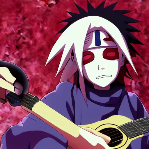 Prompt: madara uchiha playing guitar while obito uchiha sings into a microphone, anime key visual, digital art, anime screenshot, 4k, studio pierrot, trending on artstation