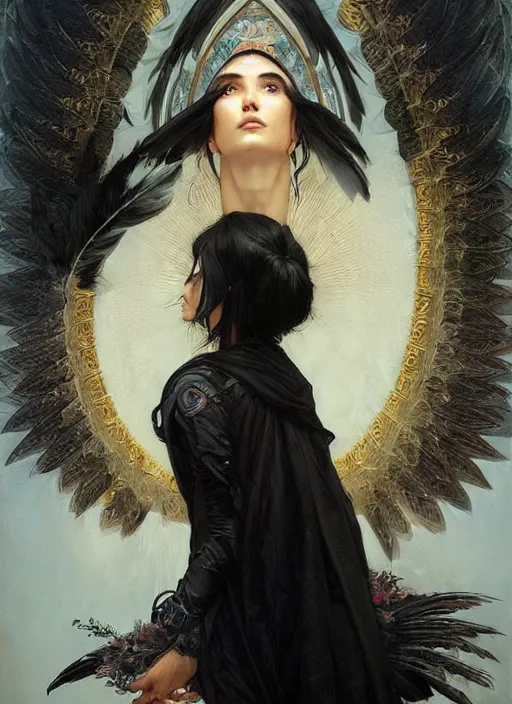 Prompt: a teenage girl with very short black hair and a huge cloak made of black raven feathers. beautiful highly detailed face. beautiful painting by artgerm and greg rutkowski and alphonse mucha