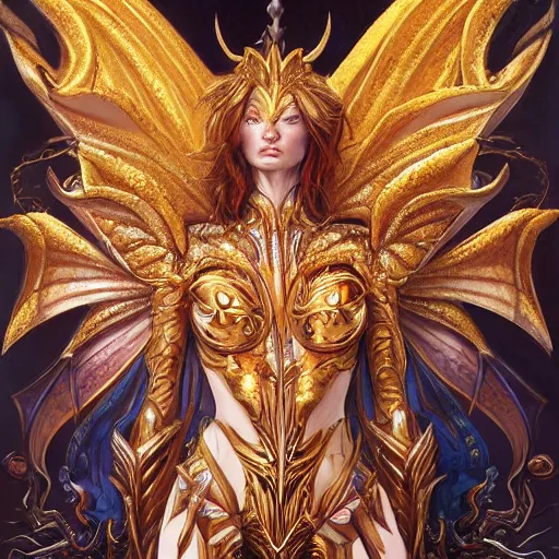 Image similar to a beautiful symmetrical muscular full body wearing a dragon armor with wings made of golden ornaments and gems, by alex gray and android jones , Karol Bak, Ayami Kojima, Amano , concept art, character design, fantasy,3D, 8k resolution