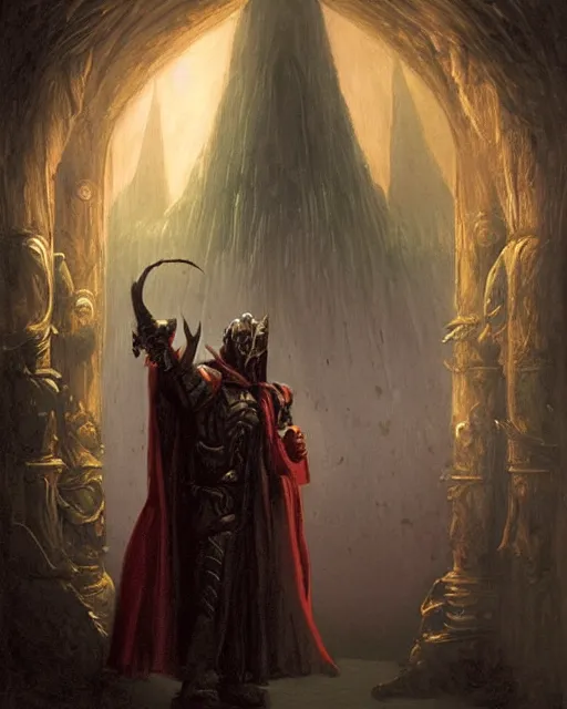 Prompt: A dark mage. He is wearing mage armor and a crown. He is frowning seriously. He is preparing to cast a dark spell. He is standing in a wizards room. Award winning realistic oil painting by Thomas Cole and Wayne Barlowe