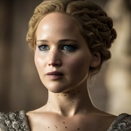 Image similar to first shot of jennifer lawrence in game of thrones, ( eos 5 ds r, iso 1 0 0, f / 8, 1 / 1 2 5, 8 4 mm, postprocessed, crisp face, facial features )