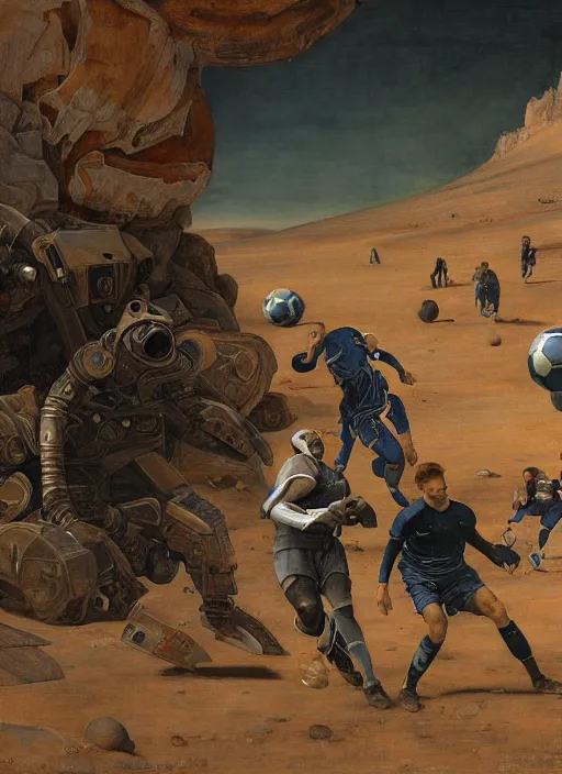 Image similar to a soccer match on mars by edgar maxence and caravaggio and michael whelan and delacroix style, artistic, intricate painting, cinematic lighting, hyper realistic, extremely detailed, establishing shot, 8 k resolution, dramatic lighting