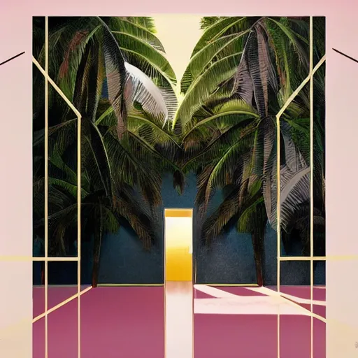 Image similar to indoor liminal space, golden light, peter tarka, palm trees, pink door, minimalistic, hyperrealistic surrealism, award winning masterpiece with incredible details, epic stunning, infinity pool mirrors, a surreal vaporwave liminal space with mirrors, highly detailed, trending on artstation, artgerm and greg rutkowski and alphonse mucha, daily deviation