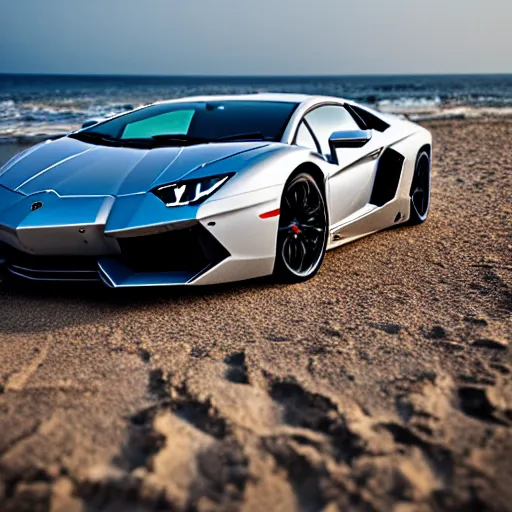 Image similar to A beautiful silver Lamborghini aventador on the beach, 8k