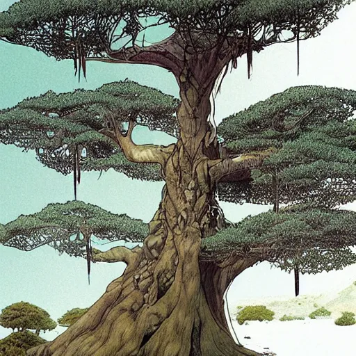 Image similar to a large tree growing from a quartz crystal floating in soace, by moebius