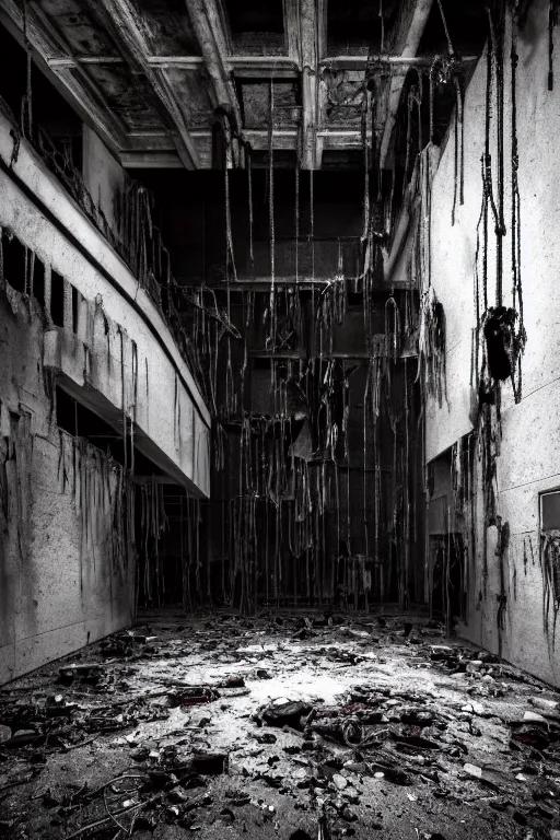 Prompt: cinematic dutch-angle found footage of a cybergoth apocalyptic rave in abandoned brutalist basement designed by rick owens, silhouettes, the basement is decorated with salvaged materials like rubber and iron and rope to resemble hell, dripping liquid latex, designed by herman nitsch, 8k photorealistic, cinematic composition, desaturated, 10mm camera, dark high-contrast mood lighting, gaspar noe hyperdetailed