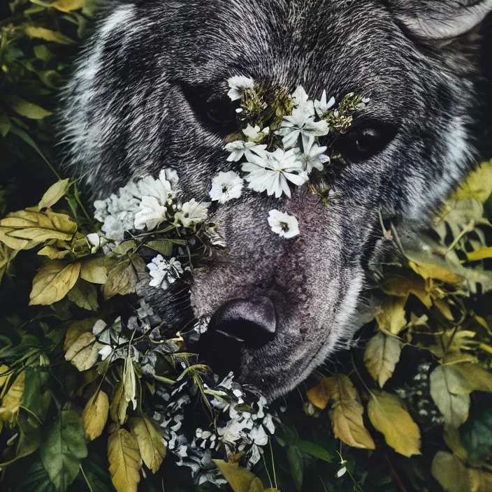 Prompt: overgrown foliage taking over a realistic furry wolf skull, close - up, 3 5 mm, f 1. 8, bokeh, beautiful, lens flare, emotional, sweet, flowers, detailed, picture, trending on artstation, award - winning, shiny, golden