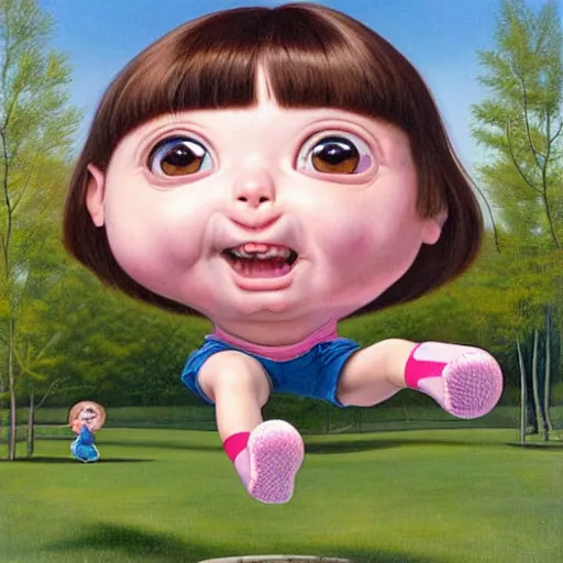 Image similar to portrait of real girl dora the explorer jumping happily,painted by ron mueck and mark ryden and hikari shimoda, lowbrow pop surrealism