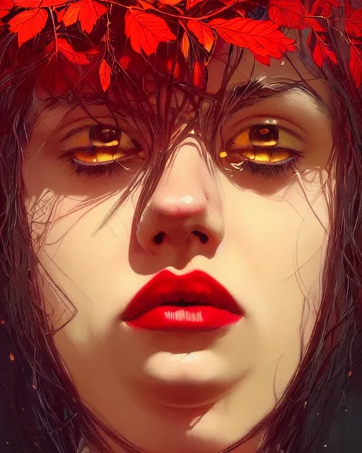 Image similar to highly detailed normal looking hippie, mundane, black hair, flying leaves on backround, symmetrical, red lips, paint by ilya kuvshinov and ilya repin trending on artstation, intricate details, energetic composition, golden ratio, concept art, illustration, elegant art