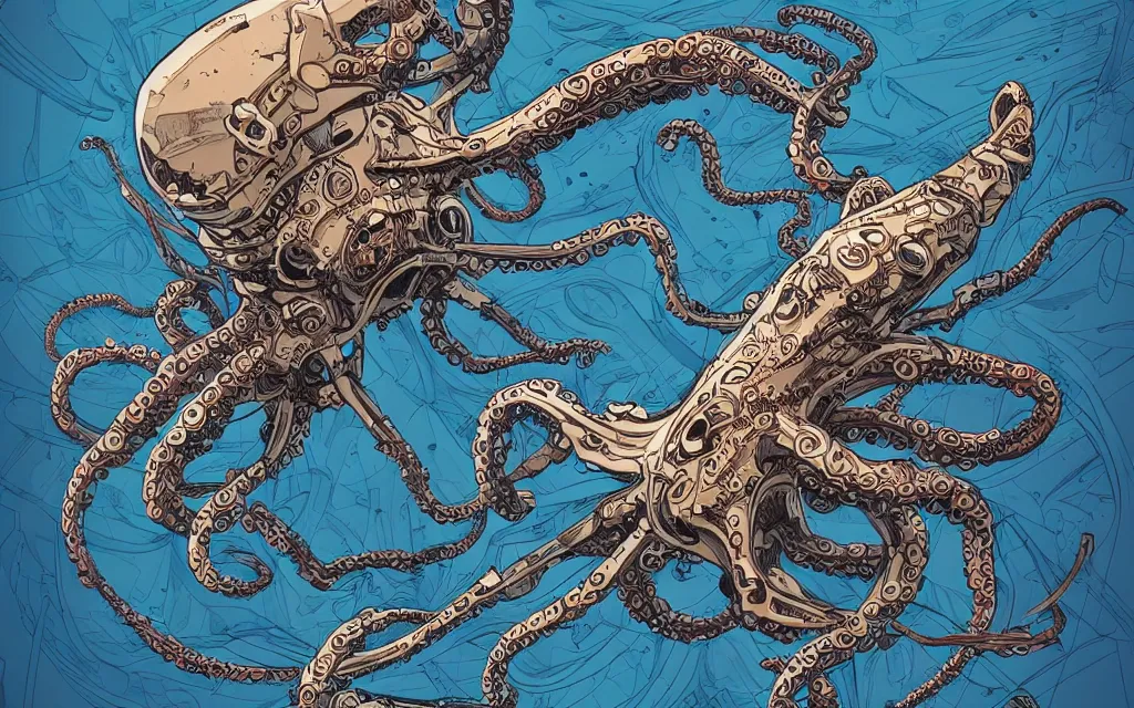 Prompt: biomechanical flying octopus, in the style of james jean and laurie greasley, dynamic composition, dramatic lighting, ultra detailed, nitro colors