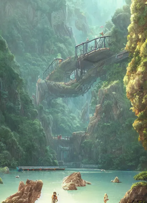 Image similar to A beautiful digital painting of a sci-fi landing platform, crystal lake, lovely valley by Stanley Artgerm Lau, Rossdraws, James Jean, gerald brom, Andrei Riabovitchev, Marc Simonetti, and Sakimichan, trending on artstation