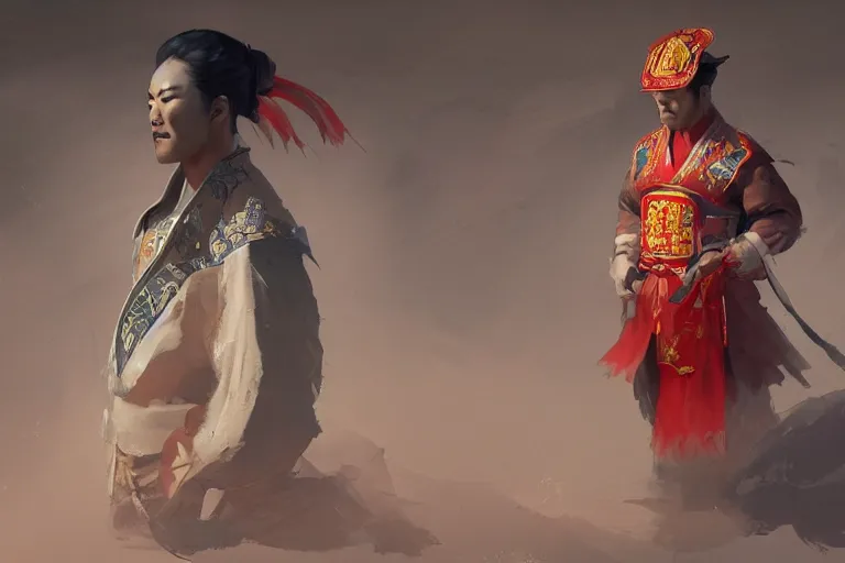 Image similar to Character design of traditional chinese costumes, muscular, cinematic lighting, dramatic atmosphere, by Craig Mullins, 4k resolution, trending on artstation