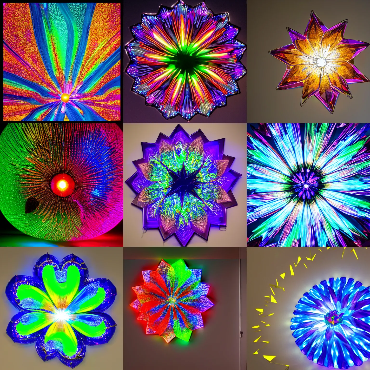 Prompt: mesmerizing light installation from colored glass shards by chris wood, depicting a flower, detailed 4 k photo