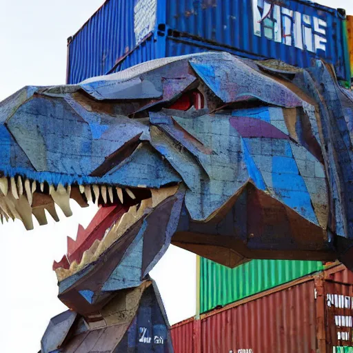 Prompt: photograph of a tyrannosaurus made of shipping containers, recycled shipping container sculpture