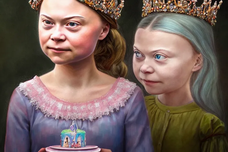 Image similar to closeup profile portrait of greta thunberg as a fairytale princess wearing a crown eating cakes in the castle kitchen, nicoletta ceccoli, mark ryden, lostfish, max fleischer, hyper realistic, artstation, illustration, digital paint, matte paint, vivid colors, bright, cheerful, detailed and intricate environment