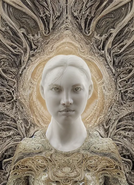 Prompt: marble sculpture of many beautiful woman, oil slick, palladium veins, dripping, mandelbulb, oil, melting, hypercube, ivory carving, fractal paisley inlay, lace, intricate, elegant, highly detailed, gold inlay, metallic, ivory, artgerm, lace, by ruan jia, greg rutkowski, mucha, zbrush, nick alm