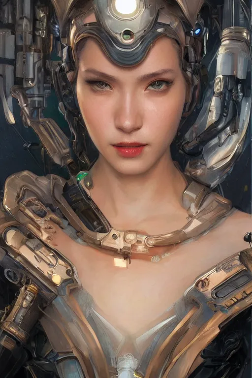 Image similar to Portrait of beautiful smiling Ultra realistic illustration, beautiful alluring female cyborg, cyberpunk, sci-fi, fantasy, intricate, elegant, highly detailed, digital painting, artstation, concept art, smooth, sharp focus, illustration, art by Yintion J , Jiang Geping and artgerm and greg rutkowski and alphonse mucha.