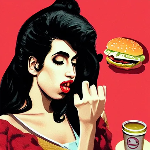 Prompt: Amy Winehouse Eating a Hamburger, spilling ketchup, horror illustration, dramatic, by Sachin Teng + Karol Bak + Rolf Armstrong