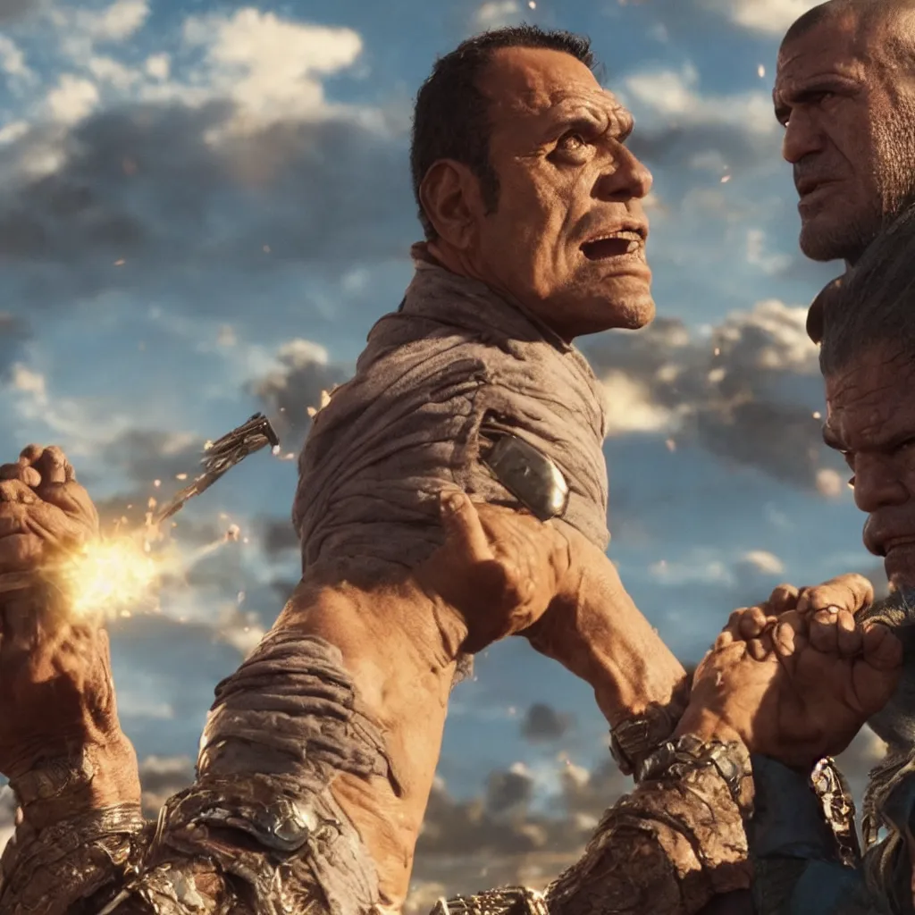 Image similar to Tuco Salamanca facing off against Thanos, epic 4K cinematic shot