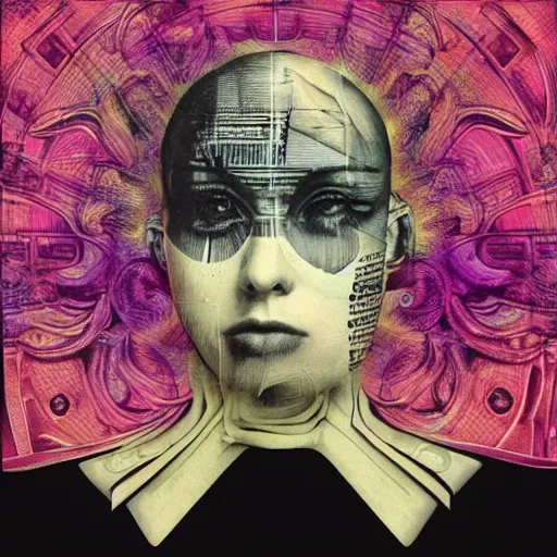 Image similar to post - punk new age album cover, asymmetrical design, frame of a dollar bank notes, capitalism, magic, apocalypse, psychedelic, black white pink, magic, giger h. r., giuseppe arcimboldo