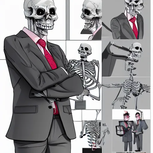 Prompt: an skeleton businessman posing for the camera, angled shot, sharp lines, digital, artstation, colored in