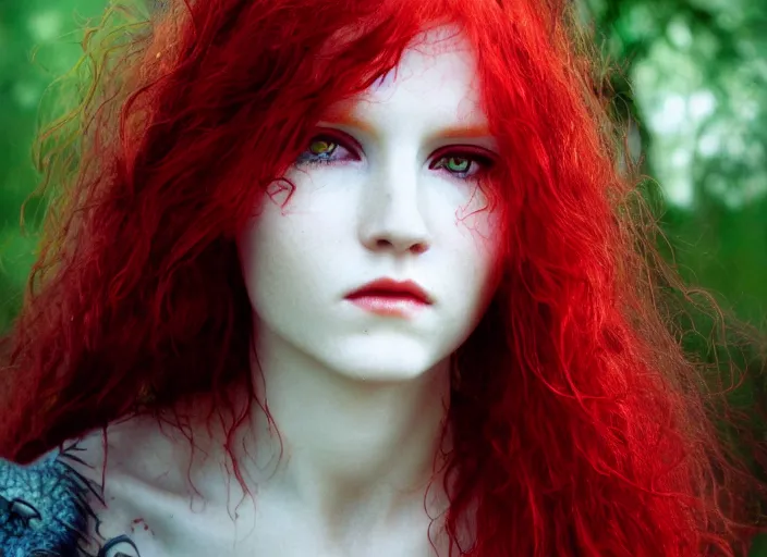 Prompt: award winning 3 5 mm close up face portrait photo of a redhead with blood - red wavy hair and intricate dragon eyes in a park by luis royo