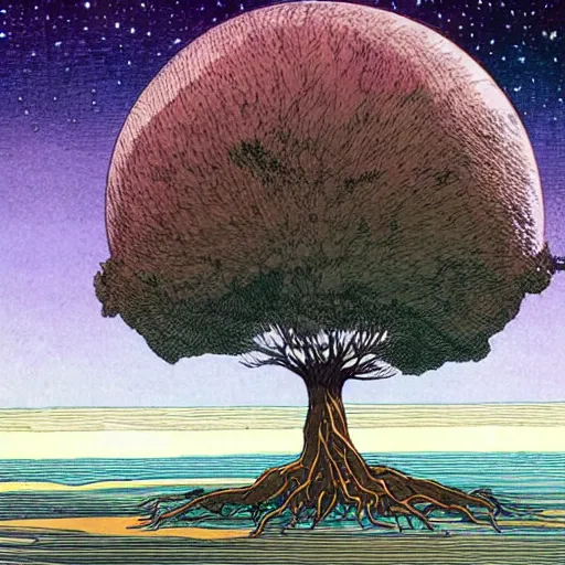 Image similar to a large tree rooted in a rough diamond planet floating in space, by moebius