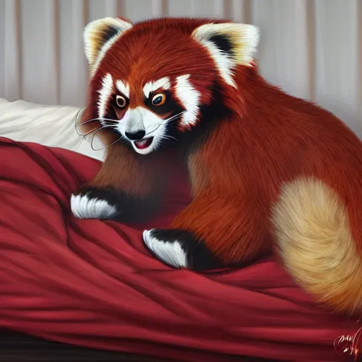Prompt: commissioned full body portrait of an anthro!! red panda waking up in bed! and yawning, trending on furaffinity,