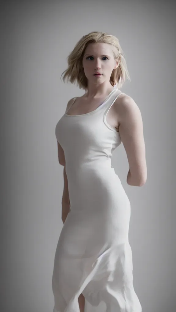 Image similar to emily skinner cosplaying annie leonhart wearing open toe heels and wearing a white dress in a white room looking up, beautiful face, pale skin, rule of thirds, cinematic lighting, rainy weather, melancholy atmosphere, sharp focus, backlit, stunning, smooth, hard focus, full body shot, studio photo, shot on sony a 7 iii, hyper realistic,