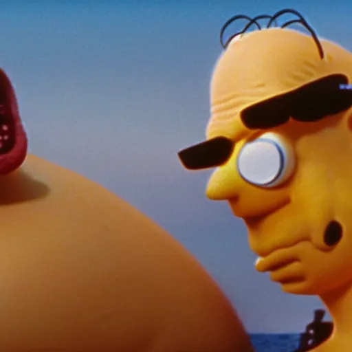 Prompt: A movie still of Homer Simpson in Jaws (1975), 4k, 35mm, promo shoot, award winning