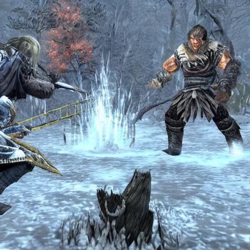 Image similar to Ulfric Stormcloak versus High King Torygg in an Epic Fight, Halls of Solitude, Skyrim, Highly Detailed